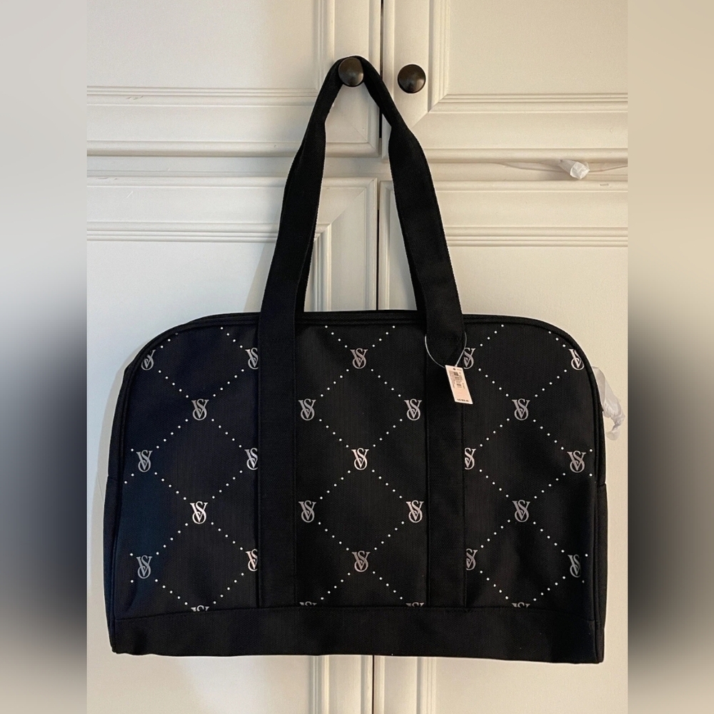 NEW Victoria's Secret Weekender Large Black Tote Zip Duffle Bag VS Logo Bag